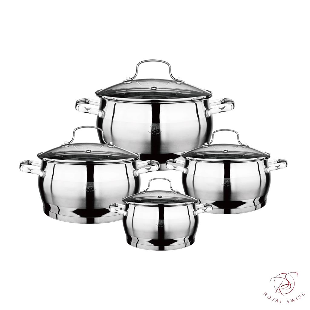 ROYAL SWISS COOKWARE SET – 8 PIECES – STAINLESS STEEL – WITH GLASS LIDS – ALL HEAT SOURCES – DISHWASHER SAFE – INDUCTION