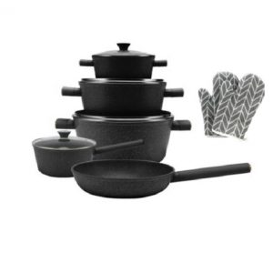 11PCS Forged Aluminum Non Stick Black Kitchenware Set Wooden Handle Cookware Setspots and Panswith Induction Bottom