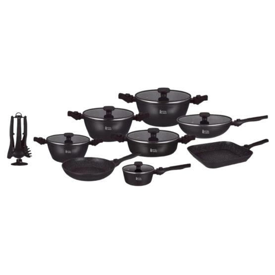 STONE COOKWARE SET 33 PIECES – REMOVABLE HANDLE – SUITABLE FOR ALL HEAT SOURCES